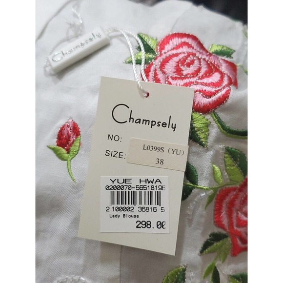 Yue Hwa Champsely Couture 38/8/Med Linen Red Roses Appliques Short Sleeve Blouse - Picture 11 of 12